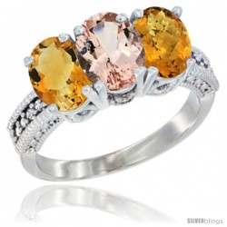 10K White Gold Natural Citrine, Morganite & Whisky Quartz Ring 3-Stone Oval 7x5 mm Diamond Accent