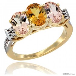 10K Yellow Gold Natural Citrine & Morganite Sides Ring 3-Stone Oval 7x5 mm Diamond Accent