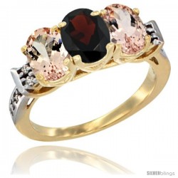 10K Yellow Gold Natural Garnet & Morganite Sides Ring 3-Stone Oval 7x5 mm Diamond Accent