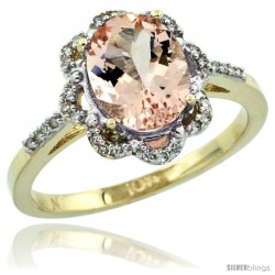 10k Yellow Gold Diamond Halo Morganite Ring 1.7 Carat Oval Shape 9X7 mm, 7/16 in (11mm) wide