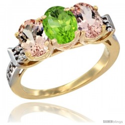 10K Yellow Gold Natural Peridot & Morganite Sides Ring 3-Stone Oval 7x5 mm Diamond Accent