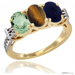 10K Yellow Gold Natural Green Amethyst, Tiger Eye & Lapis Ring 3-Stone Oval 7x5 mm Diamond Accent