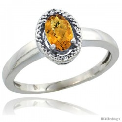 14k White Gold Diamond Halo whisky Quartz Ring 0.75 Carat Oval Shape 6X4 mm, 3/8 in (9mm) wide