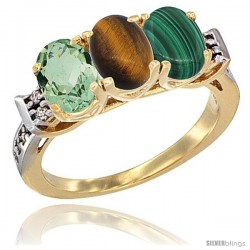 10K Yellow Gold Natural Green Amethyst, Tiger Eye & Malachite Ring 3-Stone Oval 7x5 mm Diamond Accent