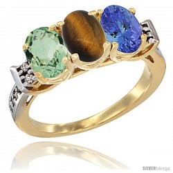 10K Yellow Gold Natural Green Amethyst, Tiger Eye & Tanzanite Ring 3-Stone Oval 7x5 mm Diamond Accent