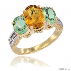 10K Yellow Gold Ladies 3-Stone Oval Natural Whisky Quartz Ring with Green Amethyst Sides Diamond Accent