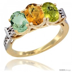 10K Yellow Gold Natural Green Amethyst, Whisky Quartz & Lemon Quartz Ring 3-Stone Oval 7x5 mm Diamond Accent