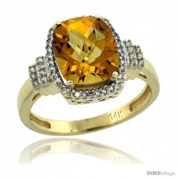 14k Yellow Gold Diamond Halo Whisky Quartz Ring 2.4 ct Cushion Cut 9x7 mm, 1/2 in wide