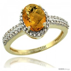 14k Yellow Gold Diamond Halo Whisky Quartz Ring 1.2 ct Oval Stone 8x6 mm, 3/8 in wide