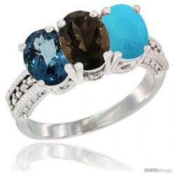 10K White Gold Natural London Blue Topaz, Smoky Topaz & Turquoise Ring 3-Stone Oval 7x5 mm Diamond Accent