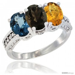 10K White Gold Natural London Blue Topaz, Smoky Topaz & Whisky Quartz Ring 3-Stone Oval 7x5 mm Diamond Accent