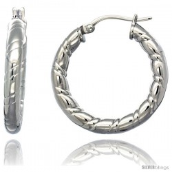 Surgical Steel 1 1/4 in Hoop Earrings Candy Stripe Embossed Pattern 4 mm tube, feather weigh