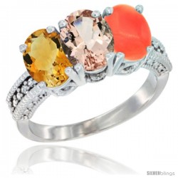 10K White Gold Natural Citrine, Morganite & Coral Ring 3-Stone Oval 7x5 mm Diamond Accent