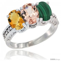 10K White Gold Natural Citrine, Morganite & Malachite Ring 3-Stone Oval 7x5 mm Diamond Accent