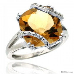 10k White Gold Diamond Citrine Ring 7.5 ct Cushion Cut 12 mm Stone, 1/2 in wide