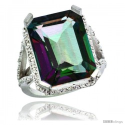 Sterling Silver Diamond Mystic Topaz Ring 14.96 ct Emerald Shape 18x13 Stone 13/16 in wide