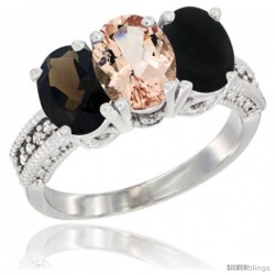 14K White Gold Natural Smoky Topaz, Morganite & Black Onyx Ring 3-Stone 7x5 mm Oval Diamond Accent