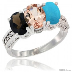 14K White Gold Natural Smoky Topaz, Morganite & Turquoise Ring 3-Stone 7x5 mm Oval Diamond Accent