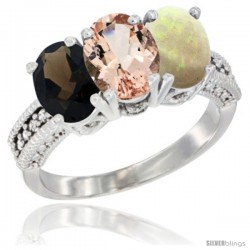 14K White Gold Natural Smoky Topaz, Morganite & Opal Ring 3-Stone 7x5 mm Oval Diamond Accent