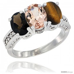 14K White Gold Natural Smoky Topaz, Morganite & Tiger Eye Ring 3-Stone 7x5 mm Oval Diamond Accent