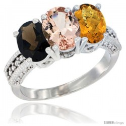 14K White Gold Natural Smoky Topaz, Morganite & Whisky Quartz Ring 3-Stone 7x5 mm Oval Diamond Accent