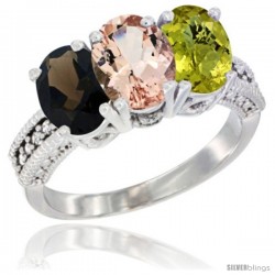 14K White Gold Natural Smoky Topaz, Morganite & Lemon Quartz Ring 3-Stone 7x5 mm Oval Diamond Accent