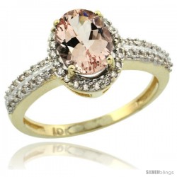 10k Yellow Gold Diamond Halo Morganite Ring 1.2 ct Oval Stone 8x6 mm, 3/8 in wide