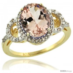 10k Yellow Gold Diamond Halo Morganite Ring 2.4 ct Oval Stone 10x8 mm, 1/2 in wide