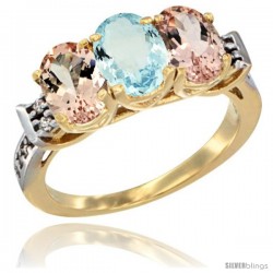 10K Yellow Gold Natural Aquamarine & Morganite Sides Ring 3-Stone Oval 7x5 mm Diamond Accent