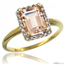 10k Yellow Gold Diamond Morganite Ring 1.6 ct Emerald Shape 8x6 mm, 1/2 in wide