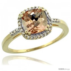 10k Yellow Gold Diamond Morganite Ring 1.5 ct Checkerboard Cut Cushion Shape 7 mm, 3/8 in wide