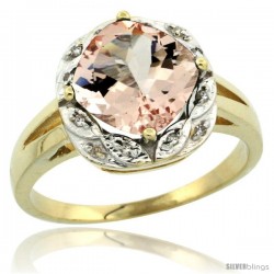 10k Yellow Gold Diamond Halo Morganite Ring 2.7 ct Checkerboard Cut Cushion Shape 8 mm, 1/2 in wide