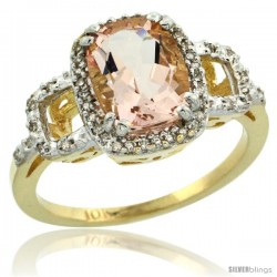 10k Yellow Gold Diamond Morganite Ring 2 ct Checkerboard Cut Cushion Shape 9x7 mm, 1/2 in wide