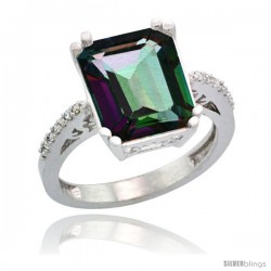 Sterling Silver Diamond Mystic Topaz Ring 5.83 ct Emerald Shape 12x10 Stone 1/2 in wide