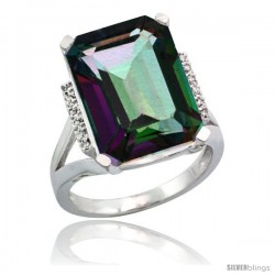 Sterling Silver Diamond Mystic Topaz Ring 12 ct Natural Emerald Cut 16x12 stone 3/4 in wide