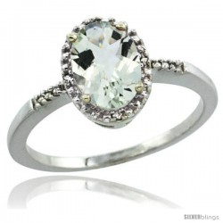 Sterling Silver Diamond Natural Green Amethyst Ring Ring 1.17 ct Oval Stone 8x6 mm, 3/8 in wide