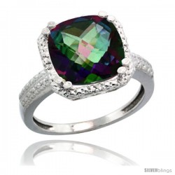 Sterling Silver Diamond Mystic Topaz Ring 5.94 ct Checkerboard Cushion 11 mm Stone 1/2 in wide