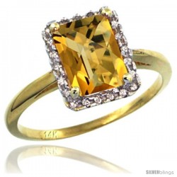 14k Yellow Gold Diamond Whisky Quartz Ring 1.6 ct Emerald Shape 8x6 mm, 1/2 in wide