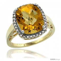 14k Yellow Gold Diamond Whisky Quartz Ring 5.17 ct Checkerboard Cut Cushion 12x10 mm, 1/2 in wide