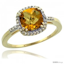 14k Yellow Gold Diamond Whisky Quartz Ring 1.5 ct Checkerboard Cut Cushion Shape 7 mm, 3/8 in wide