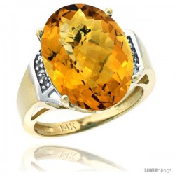 14k Yellow Gold Diamond Whisky Quartz Ring 9.7 ct Large Oval Stone 16x12 mm, 5/8 in wide