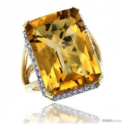 14k Yellow Gold Diamond Whisky Quartz Ring 14.96 ct Emerald shape 18x13 mm Stone, 13/16 in wide