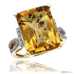 14k Yellow Gold Diamond Whisky Quartz Ring 12 ct Emerald Shape 16x12 Stone 3/4 in wide