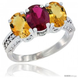 10K White Gold Natural Ruby & Citrine Sides Ring 3-Stone Oval 7x5 mm Diamond Accent