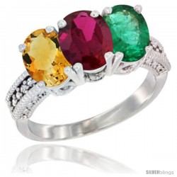 10K White Gold Natural Citrine, Ruby & Emerald Ring 3-Stone Oval 7x5 mm Diamond Accent