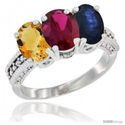 10K White Gold Natural Citrine, Ruby & Blue Sapphire Ring 3-Stone Oval 7x5 mm Diamond Accent