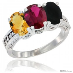 10K White Gold Natural Citrine, Ruby & Black Onyx Ring 3-Stone Oval 7x5 mm Diamond Accent