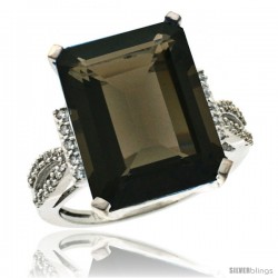 14k White Gold Diamond Smoky Topaz Ring 12 ct Emerald Shape 16x12 Stone 3/4 in wide