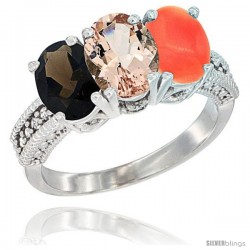 14K White Gold Natural Smoky Topaz, Morganite & Coral Ring 3-Stone 7x5 mm Oval Diamond Accent