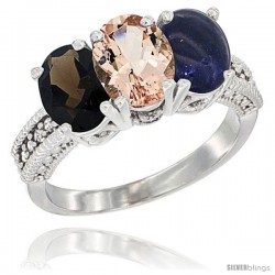 14K White Gold Natural Smoky Topaz, Morganite & Lapis Ring 3-Stone 7x5 mm Oval Diamond Accent